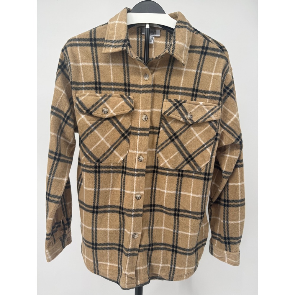 Just Polly New York Tan Plaid Fleece Shacket Button Down Shirt Jacket Large